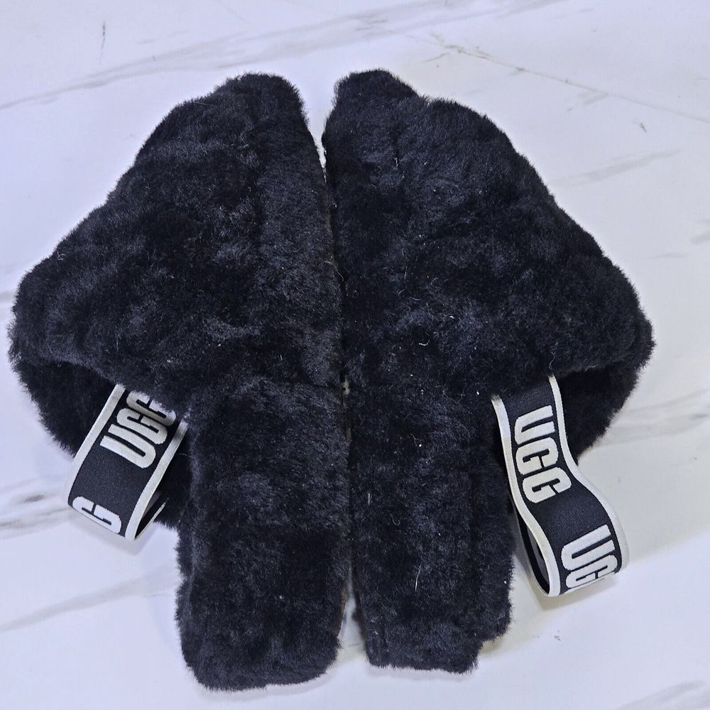 UGG Womens 6‎ Fluff Yeah Slide Black Slippers Sling Back Logo - Picture 10 of 11